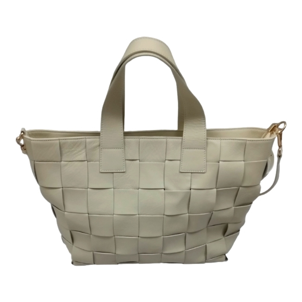 Anna Paola Cream Leather Woven Front Zip Crossbody Handle Bag Purse